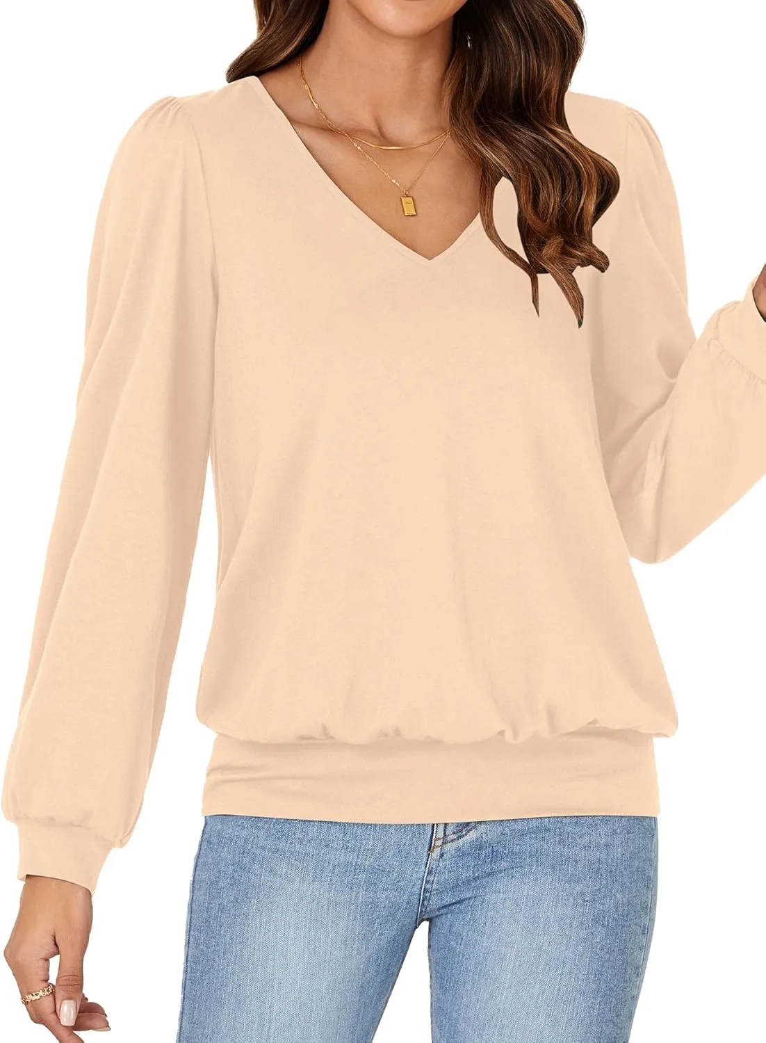 Vrtige Women's Casual Banded Bottom V Neck Puff Long Sleeve Tunic Top Blouse Shirt