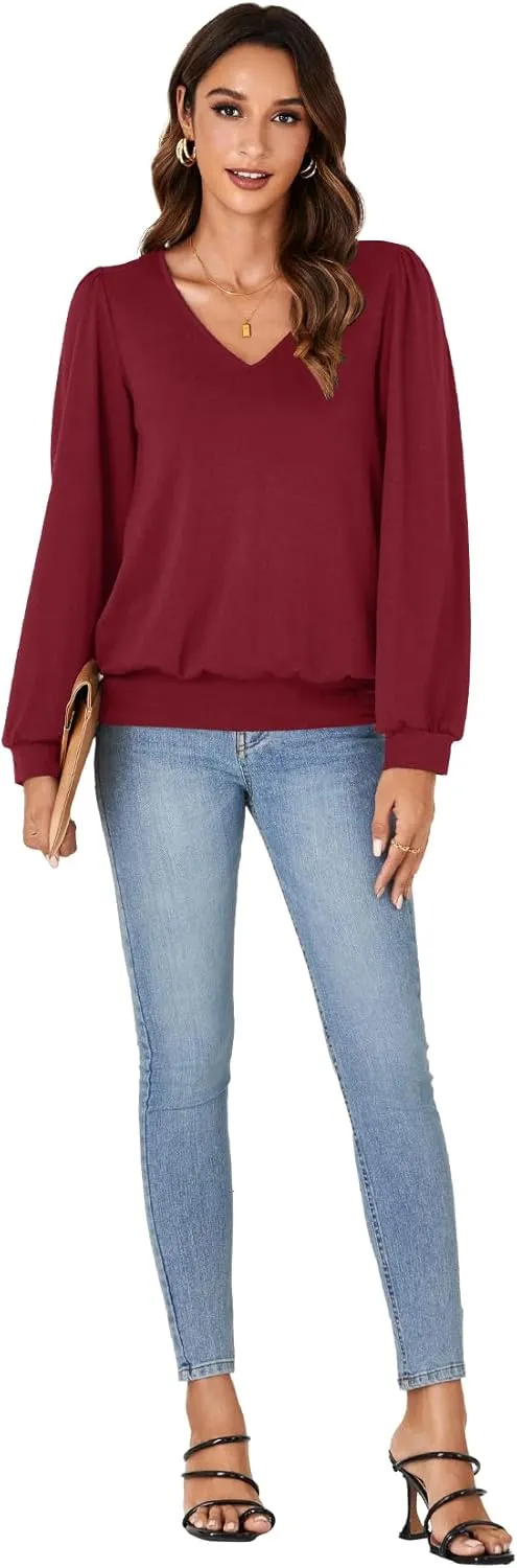 Vrtige Women's Casual Banded Bottom V Neck Puff Long Sleeve Tunic Top Blouse Shirt