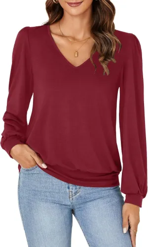Vrtige Women's Casual Banded Bottom V Neck Puff Long Sleeve Tunic Top Blouse Shirt