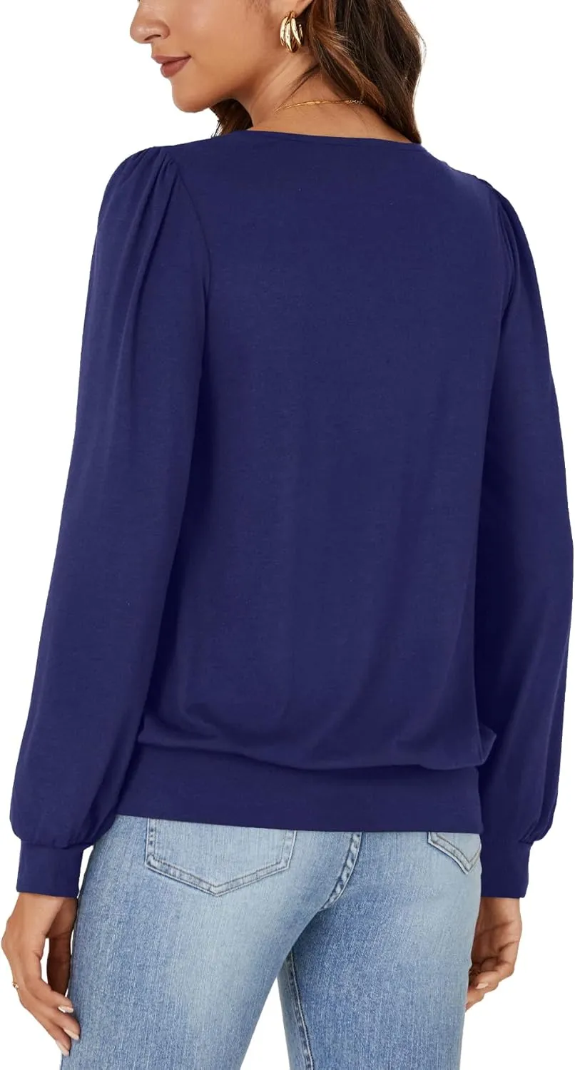 Vrtige Women's Casual Banded Bottom V Neck Puff Long Sleeve Tunic Top Blouse Shirt
