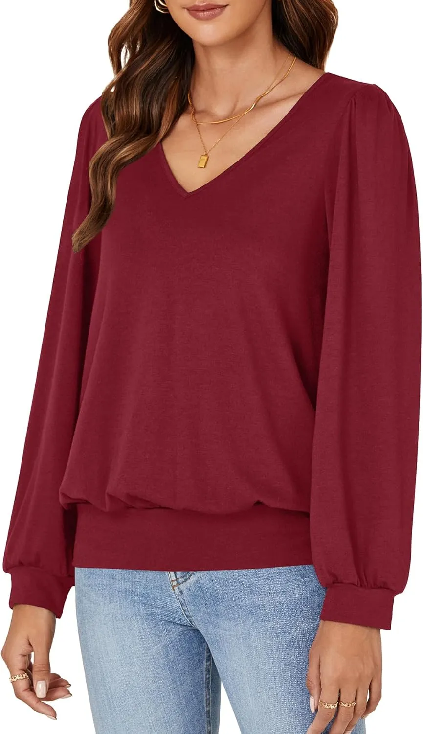 Vrtige Women's Casual Banded Bottom V Neck Puff Long Sleeve Tunic Top Blouse Shirt