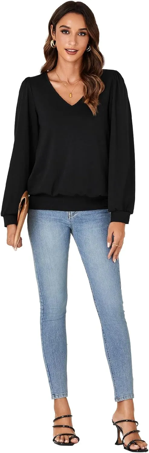 Vrtige Women's Casual Banded Bottom V Neck Puff Long Sleeve Tunic Top Blouse Shirt