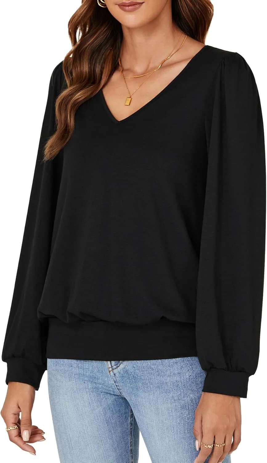 Vrtige Women's Casual Banded Bottom V Neck Puff Long Sleeve Tunic Top Blouse Shirt