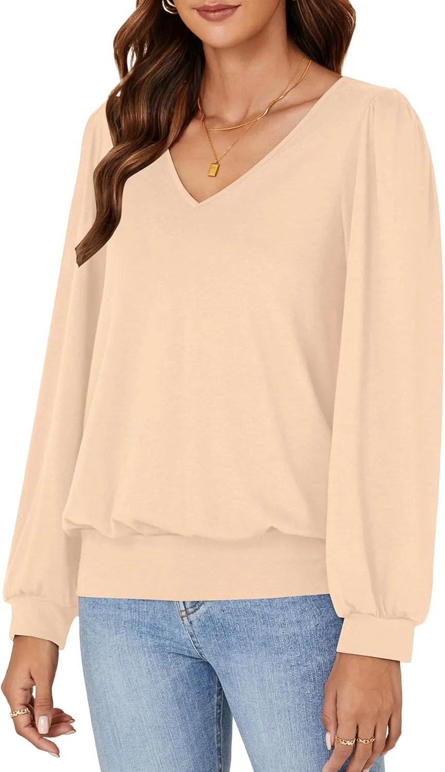 Vrtige Women's Casual Banded Bottom V Neck Puff Long Sleeve Tunic Top Blouse Shirt