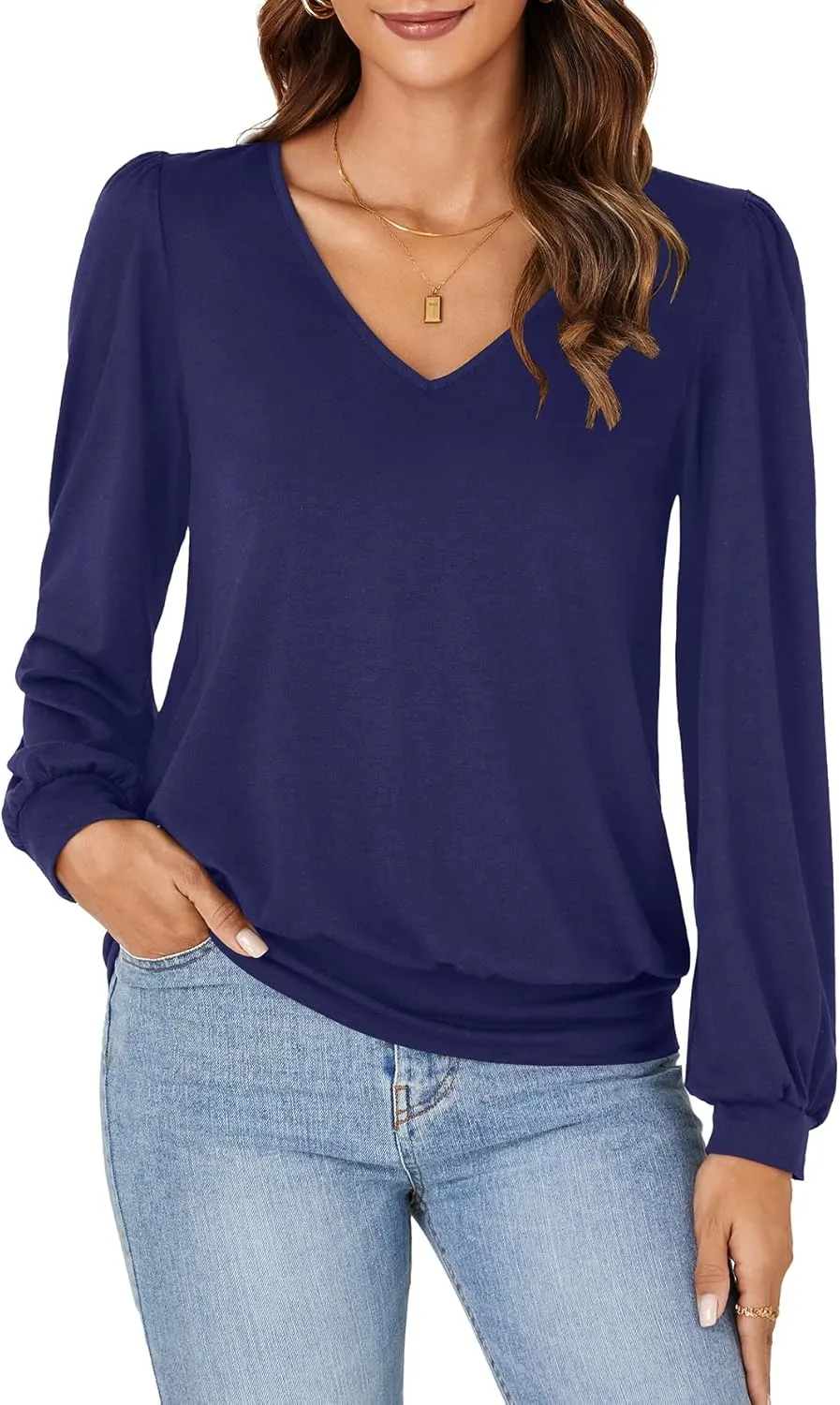 Vrtige Women's Casual Banded Bottom V Neck Puff Long Sleeve Tunic Top Blouse Shirt