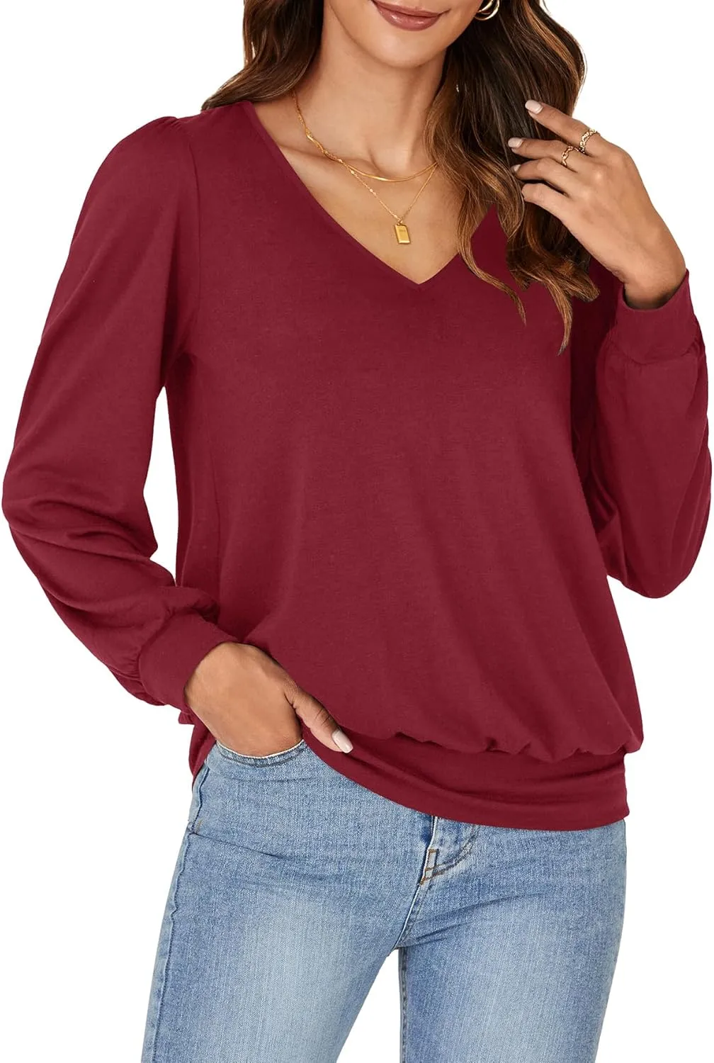 Vrtige Women's Casual Banded Bottom V Neck Puff Long Sleeve Tunic Top Blouse Shirt
