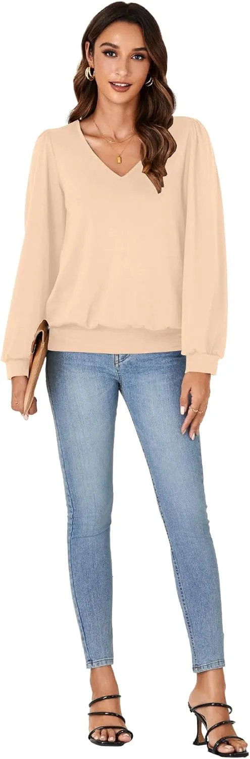 Vrtige Women's Casual Banded Bottom V Neck Puff Long Sleeve Tunic Top Blouse Shirt