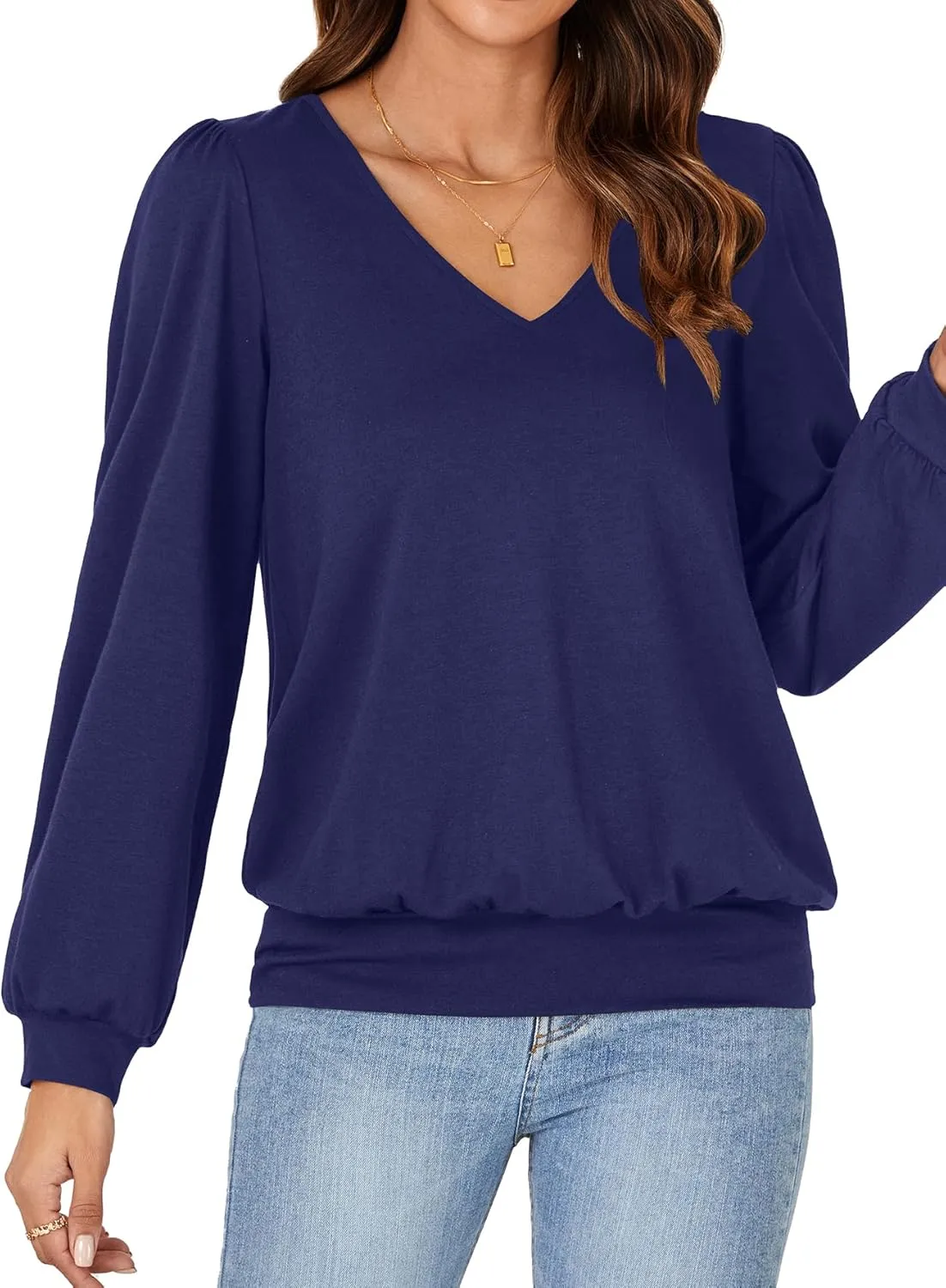 Vrtige Women's Casual Banded Bottom V Neck Puff Long Sleeve Tunic Top Blouse Shirt