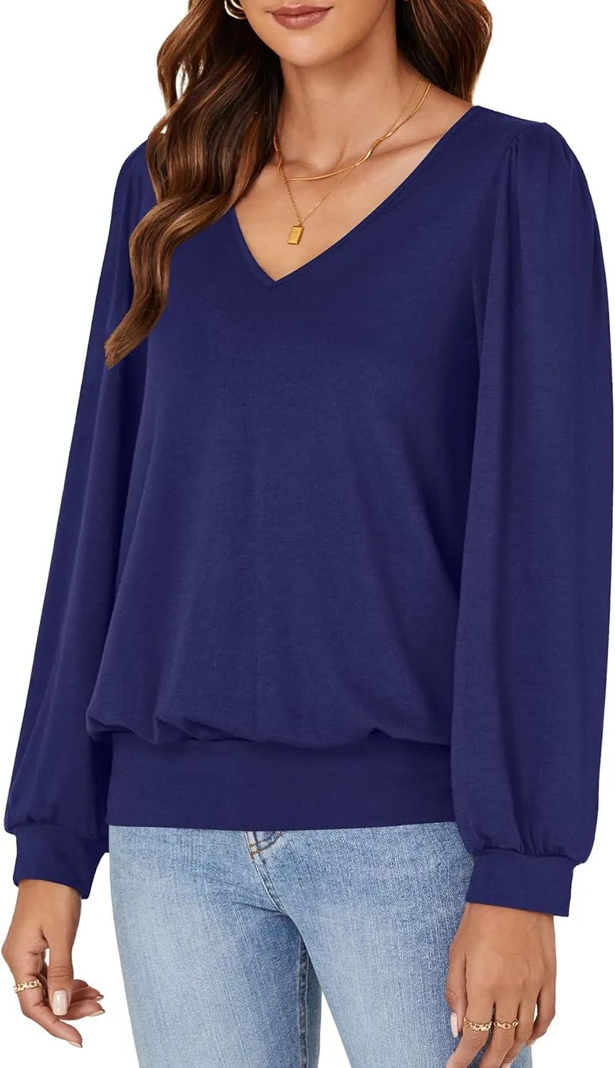 Vrtige Women's Casual Banded Bottom V Neck Puff Long Sleeve Tunic Top Blouse Shirt