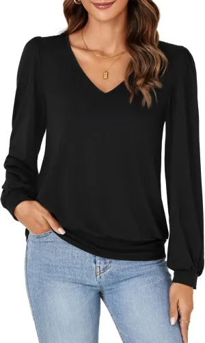 Vrtige Women's Casual Banded Bottom V Neck Puff Long Sleeve Tunic Top Blouse Shirt