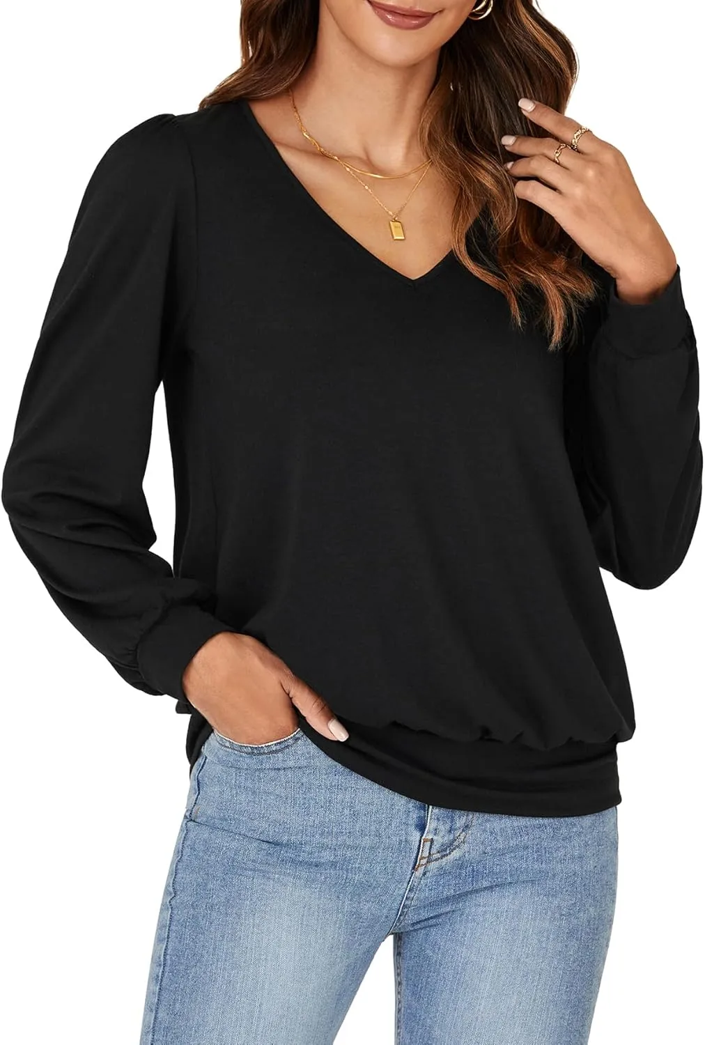 Vrtige Women's Casual Banded Bottom V Neck Puff Long Sleeve Tunic Top Blouse Shirt