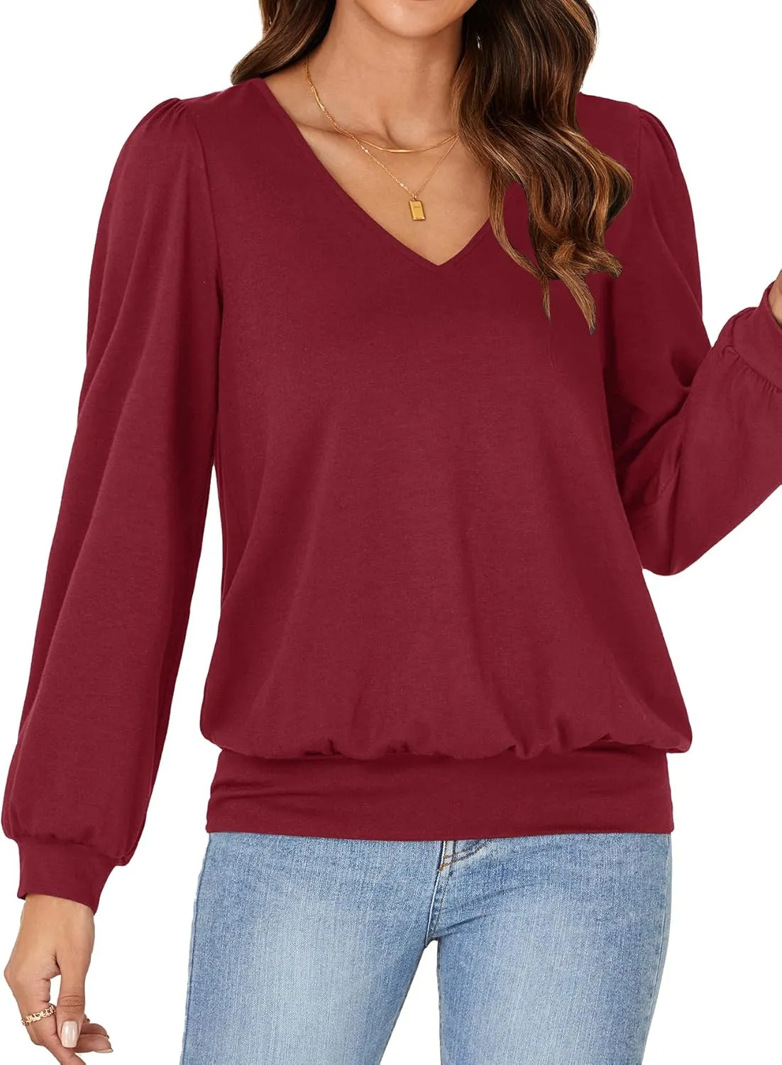 Vrtige Women's Casual Banded Bottom V Neck Puff Long Sleeve Tunic Top Blouse Shirt