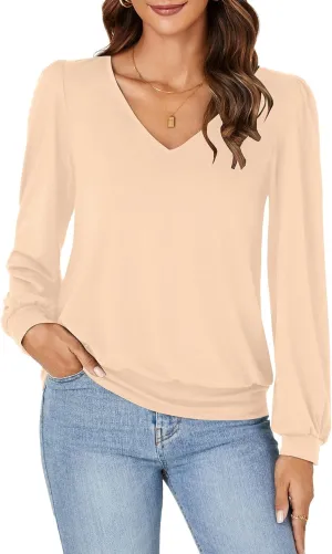 Vrtige Women's Casual Banded Bottom V Neck Puff Long Sleeve Tunic Top Blouse Shirt