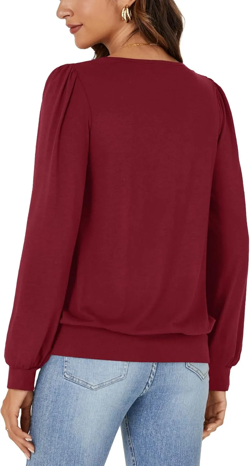 Vrtige Women's Casual Banded Bottom V Neck Puff Long Sleeve Tunic Top Blouse Shirt
