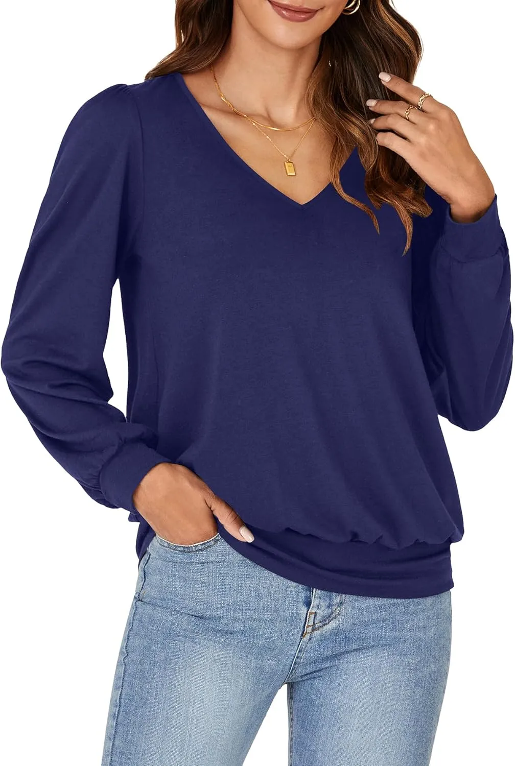 Vrtige Women's Casual Banded Bottom V Neck Puff Long Sleeve Tunic Top Blouse Shirt