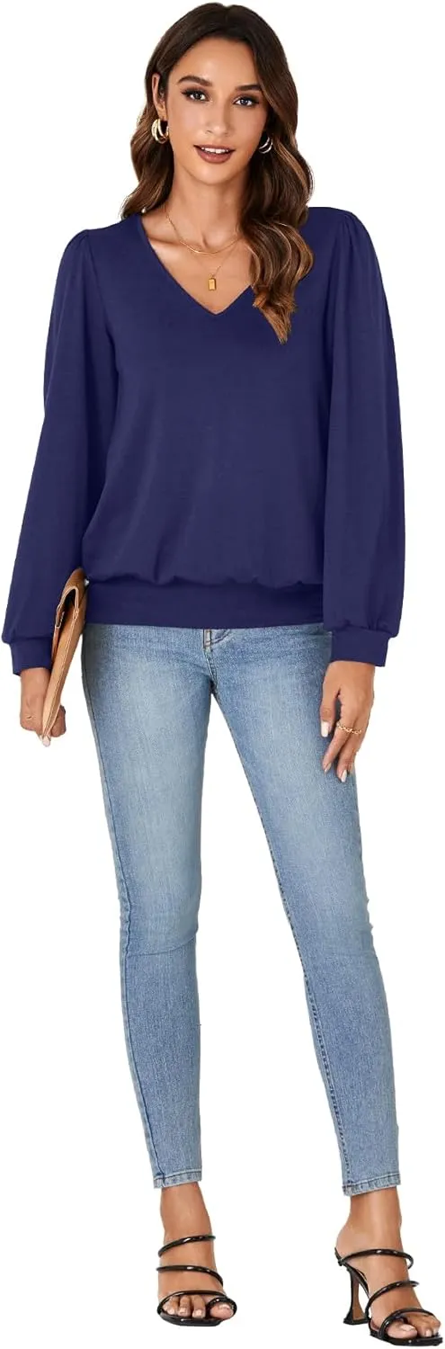 Vrtige Women's Casual Banded Bottom V Neck Puff Long Sleeve Tunic Top Blouse Shirt