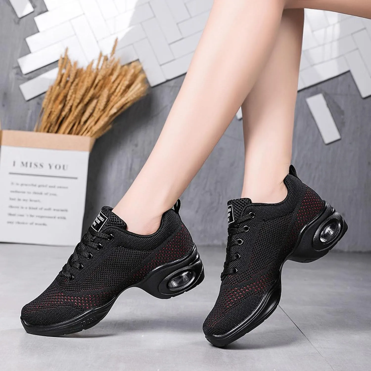 Walking Dance Shoes Women Ballroom Split Sole Jazz Sneakers Thick Sole Platform Walking Shoes Air Cushion Lace Up