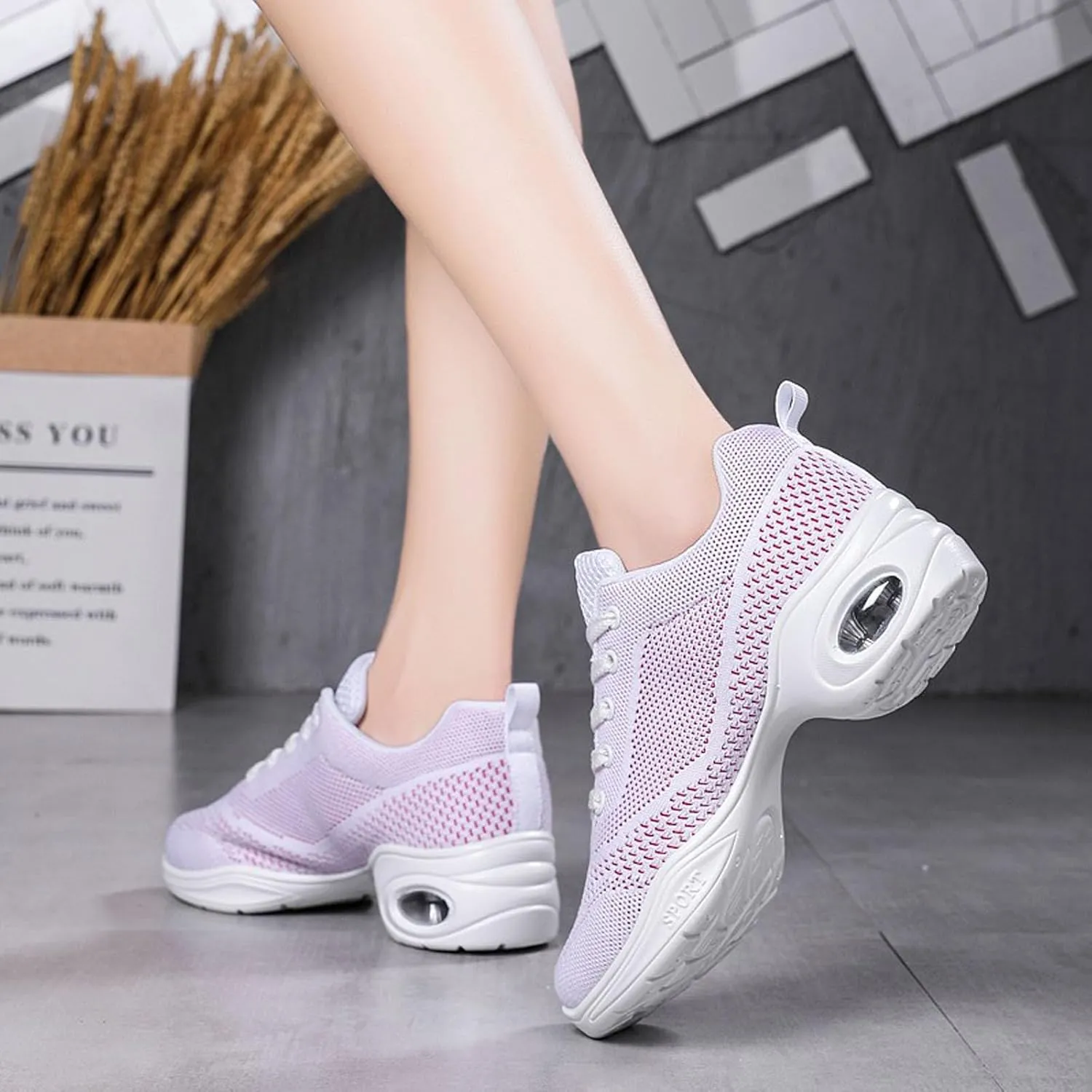 Walking Dance Shoes Women Ballroom Split Sole Jazz Sneakers Thick Sole Platform Walking Shoes Air Cushion Lace Up