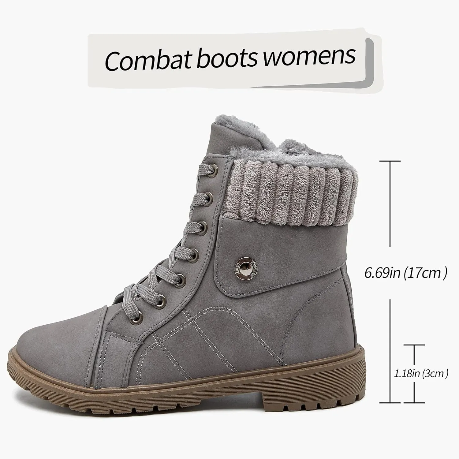 Waluzs Women's White & Black Ankle Combat Boots - Fuzzy Lace Up Snow Boots For Winter