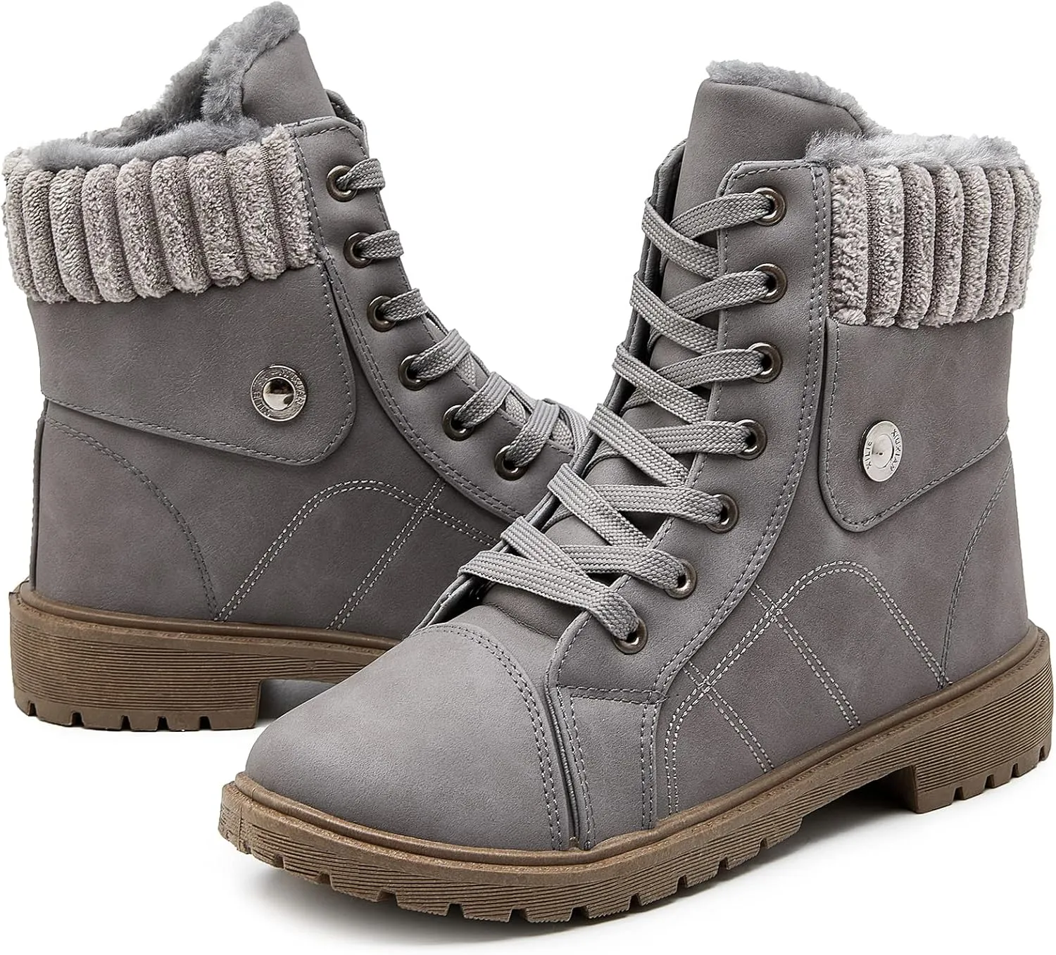 Waluzs Women's White & Black Ankle Combat Boots - Fuzzy Lace Up Snow Boots For Winter