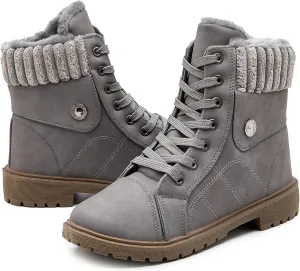 Waluzs Women's White & Black Ankle Combat Boots - Fuzzy Lace Up Snow Boots For Winter