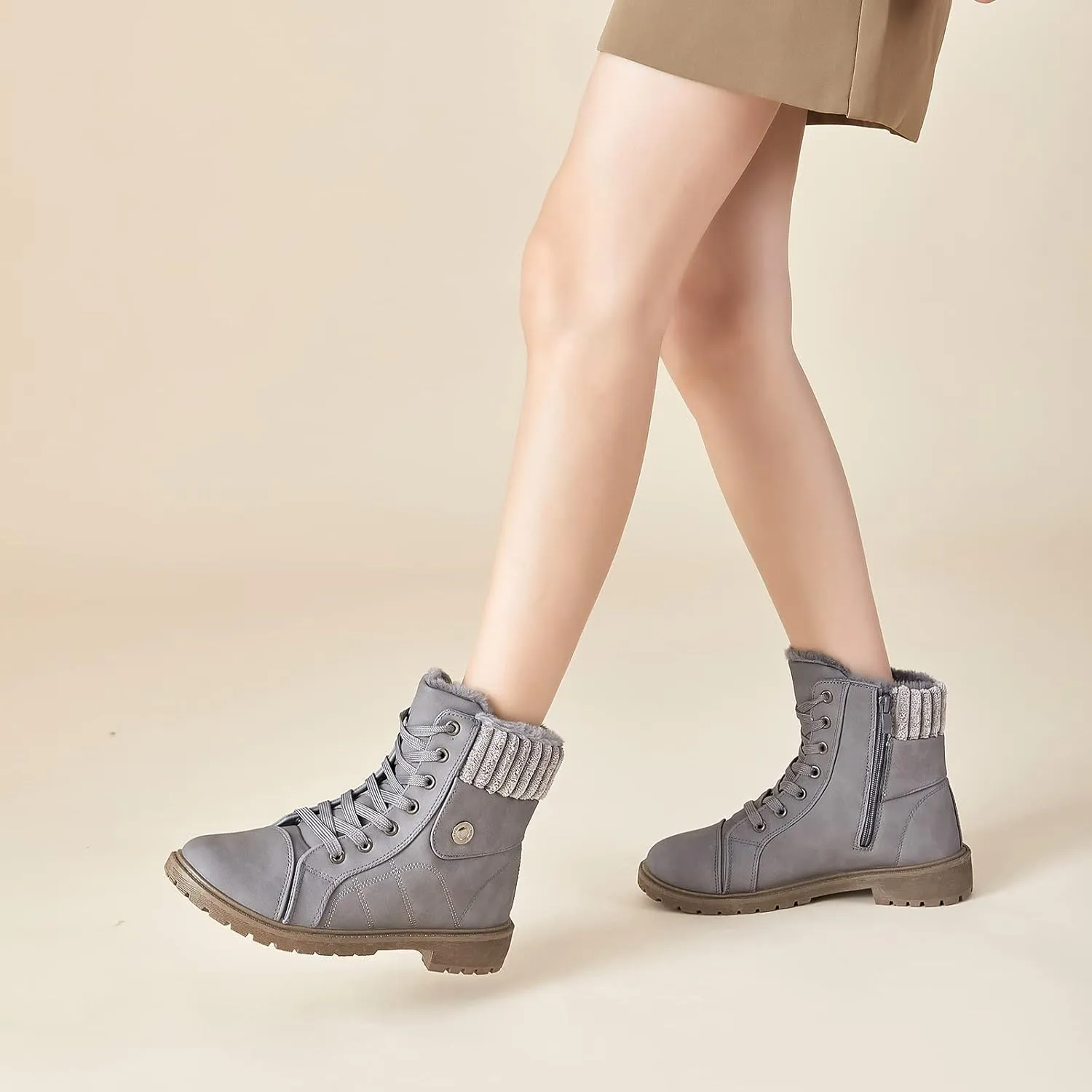 Waluzs Women's White & Black Ankle Combat Boots - Fuzzy Lace Up Snow Boots For Winter