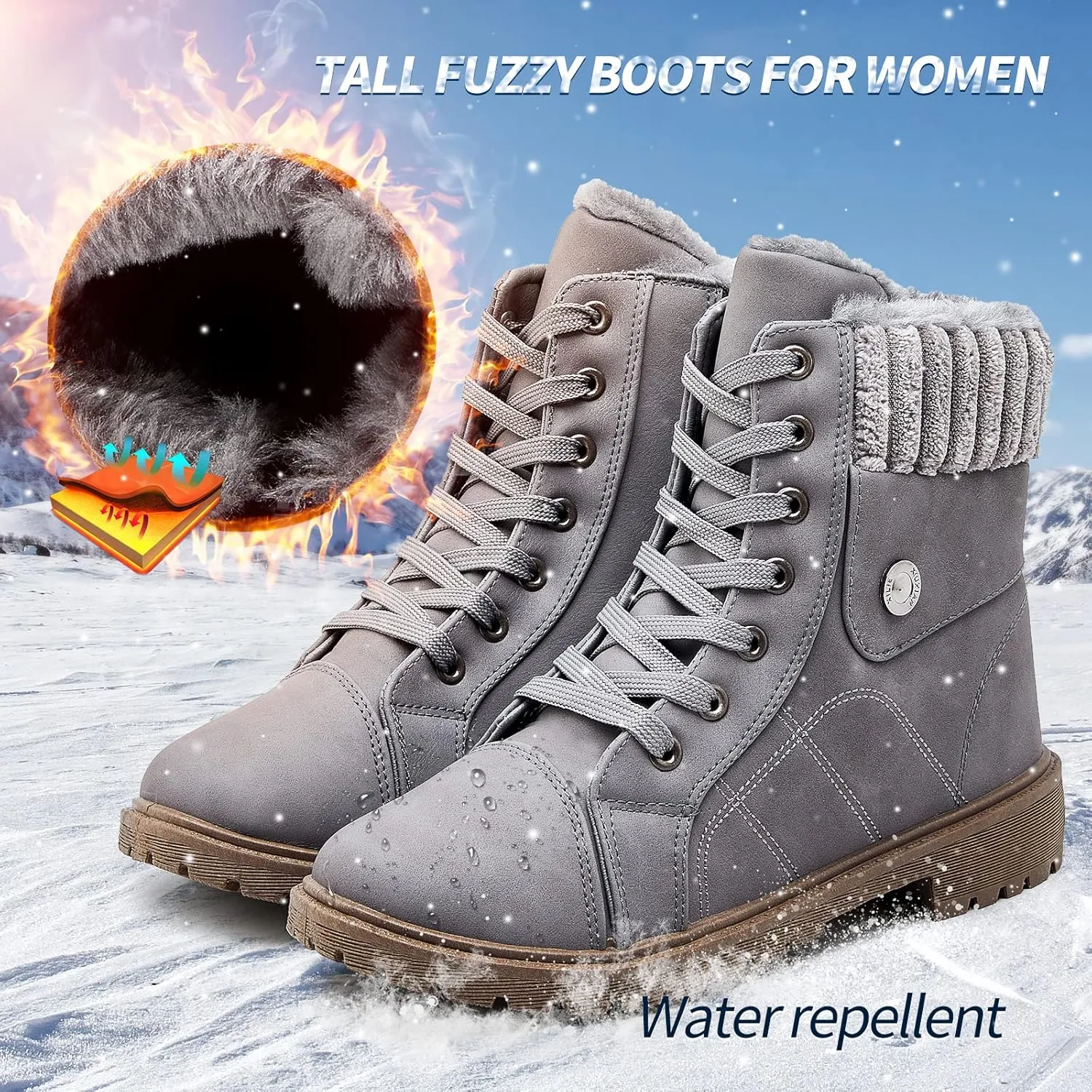 Waluzs Women's White & Black Ankle Combat Boots - Fuzzy Lace Up Snow Boots For Winter