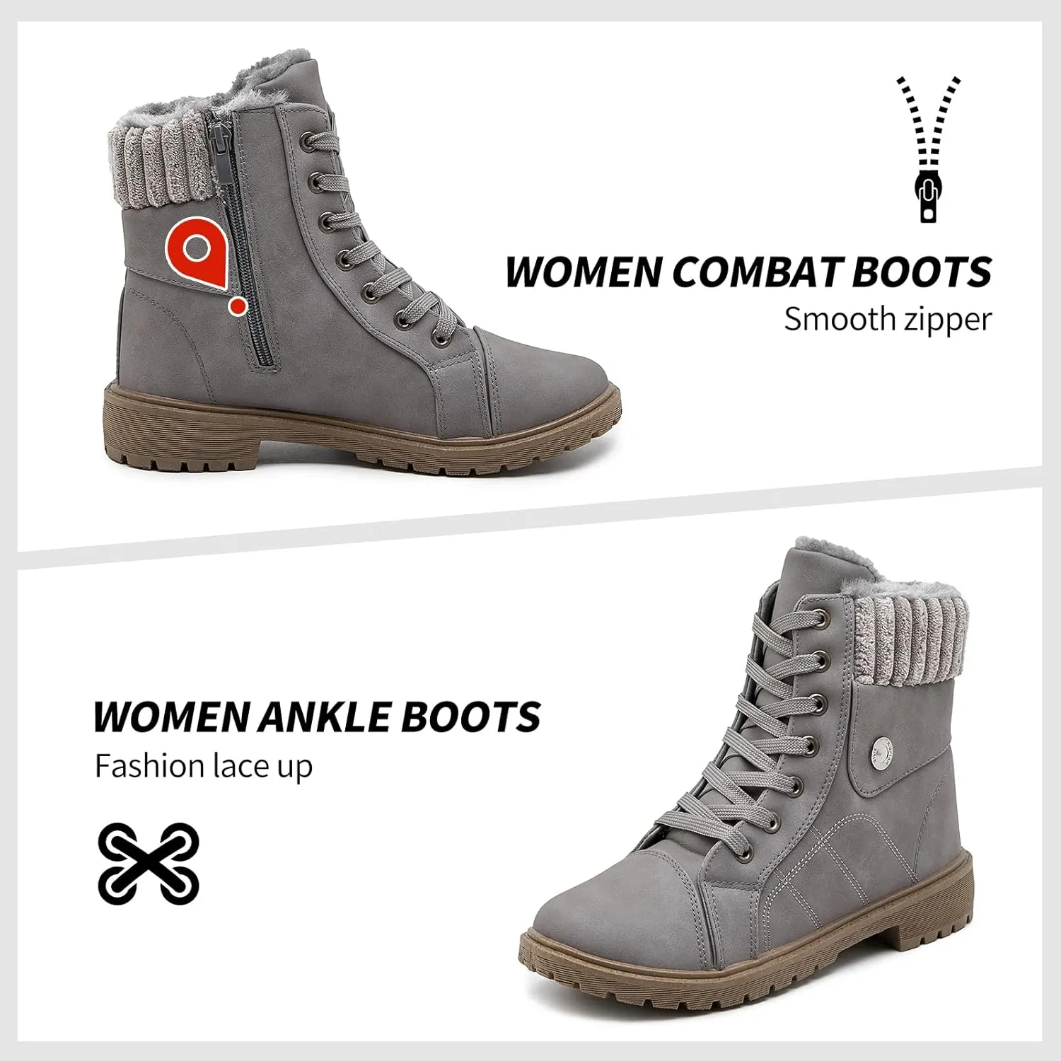 Waluzs Women's White & Black Ankle Combat Boots - Fuzzy Lace Up Snow Boots For Winter