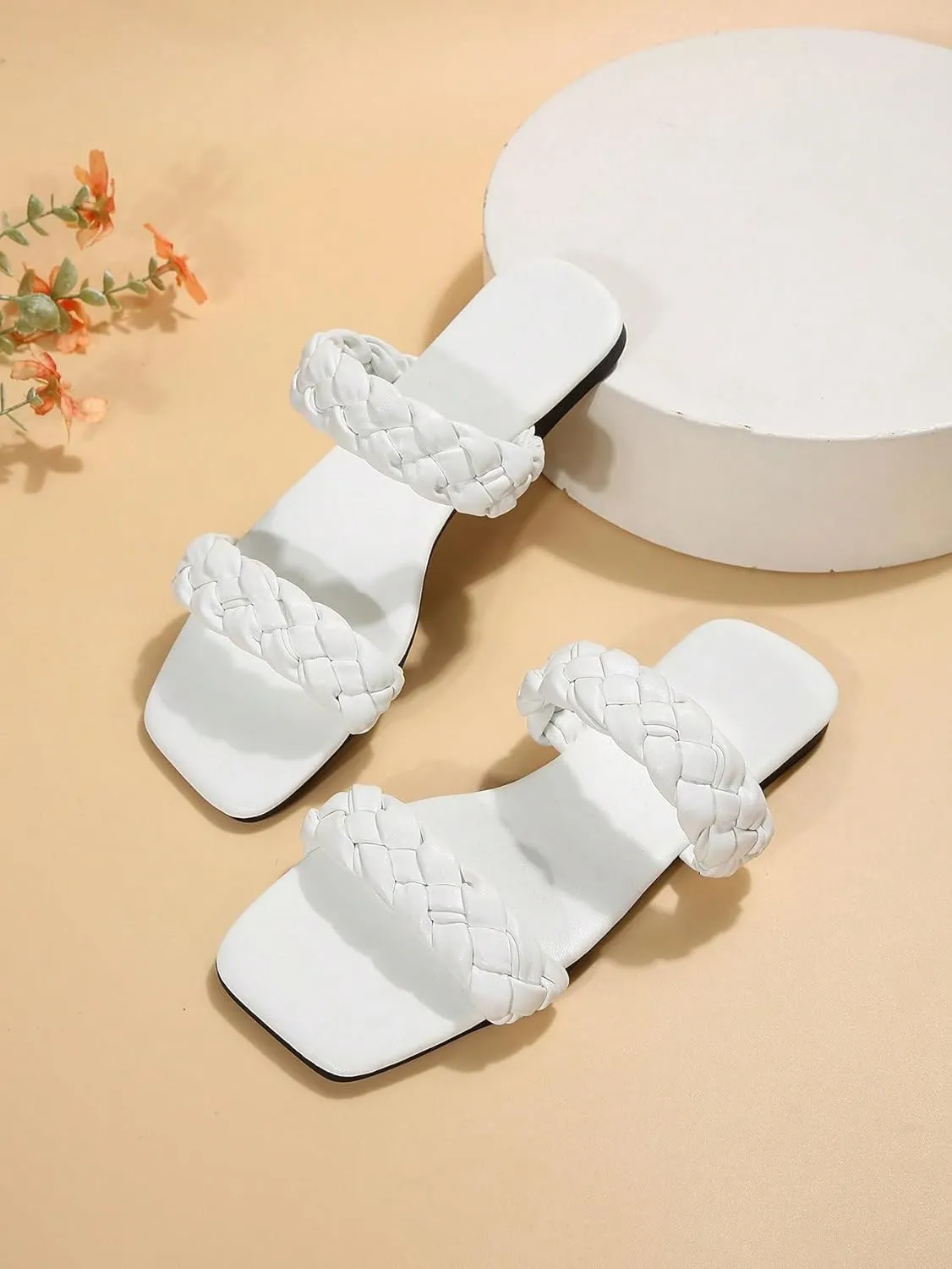 WDIRARA Women's Braided Slide Sandals Open Toe Slip On Flat Sandals Vacation Sandals