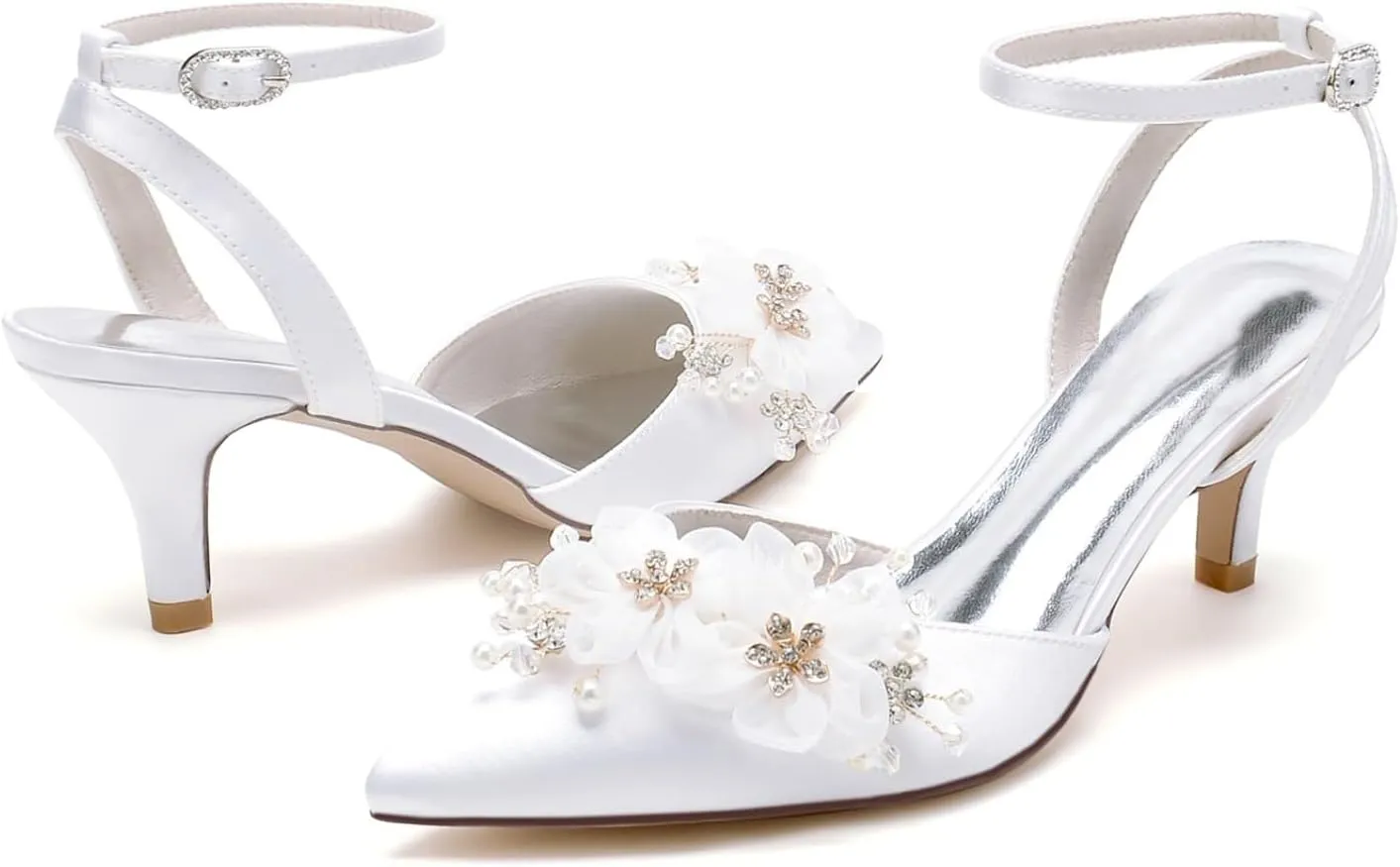 Wedding Bridal Shoes Satin Low Heels Women's Pointed Toe Ankle Strappy Pumps Slingback Kitten Heel Sandals 6Cm