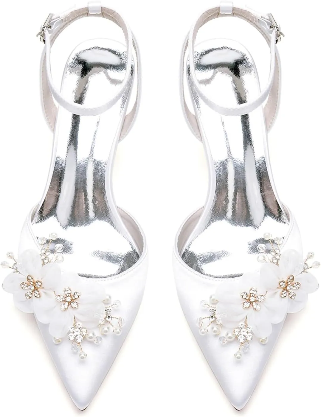Wedding Bridal Shoes Satin Low Heels Women's Pointed Toe Ankle Strappy Pumps Slingback Kitten Heel Sandals 6Cm