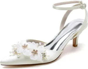 Wedding Bridal Shoes Satin Low Heels Women's Pointed Toe Ankle Strappy Pumps Slingback Kitten Heel Sandals 6Cm