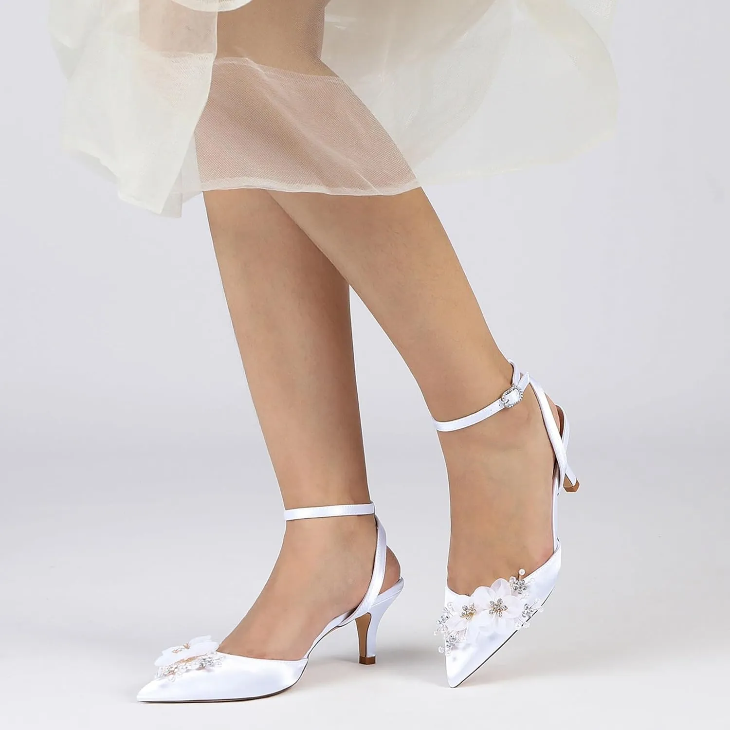 Wedding Bridal Shoes Satin Low Heels Women's Pointed Toe Ankle Strappy Pumps Slingback Kitten Heel Sandals 6Cm