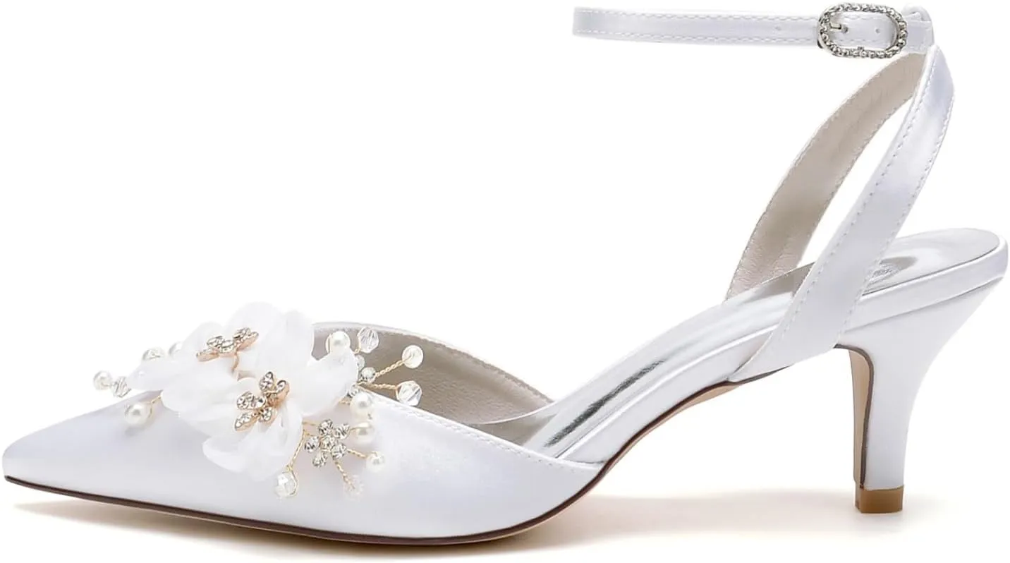 Wedding Bridal Shoes Satin Low Heels Women's Pointed Toe Ankle Strappy Pumps Slingback Kitten Heel Sandals 6Cm