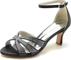 Wedding Bridal Shoes Women Sandals Peep Satin Open Toe Low Heel Ankle Strap Dress Shoes Womens Pumps Party Heels 6.5Cm,Black,7