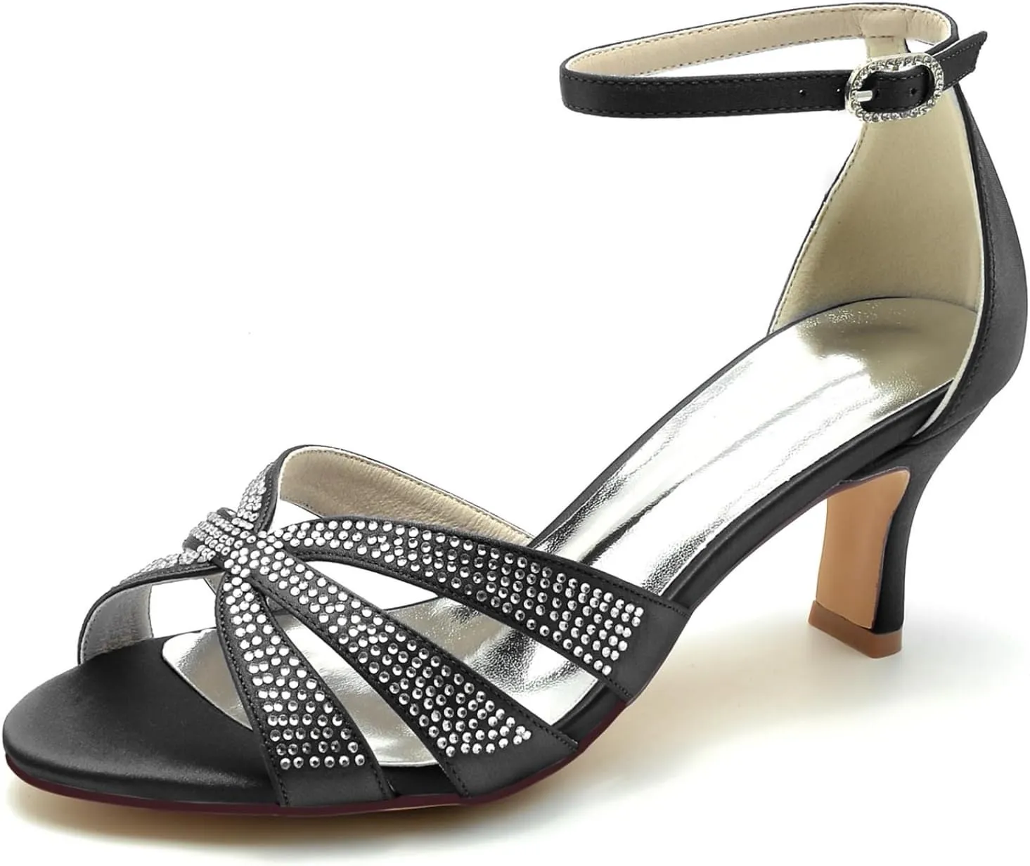 Wedding Bridal Shoes Women Sandals Peep Satin Open Toe Low Heel Ankle Strap Dress Shoes Womens Pumps Party Heels 6.5Cm,Black,7