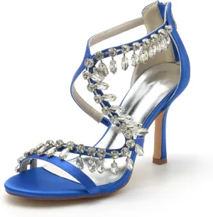 Wedding Bridal Shoes Womens Heeled Sandals Ankle Strap Buckle Open Toe Crystal Tassels High Stiletto Heel Pump Dress Party Shoes9.5Cm