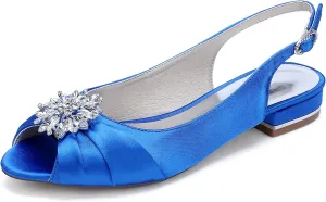 Wedding Dress Shoes Womens Slip on Low Heel Peep Toe Slingback Bridal Shoes Satin Flat Rhinestones Sandals with Pleated Evenging Party Work