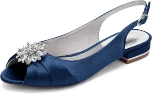 Wedding Dress Shoes Womens Slip on Low Heel Peep Toe Slingback Bridal Shoes Satin Flat Rhinestones Sandals with Pleated Evenging Party Work