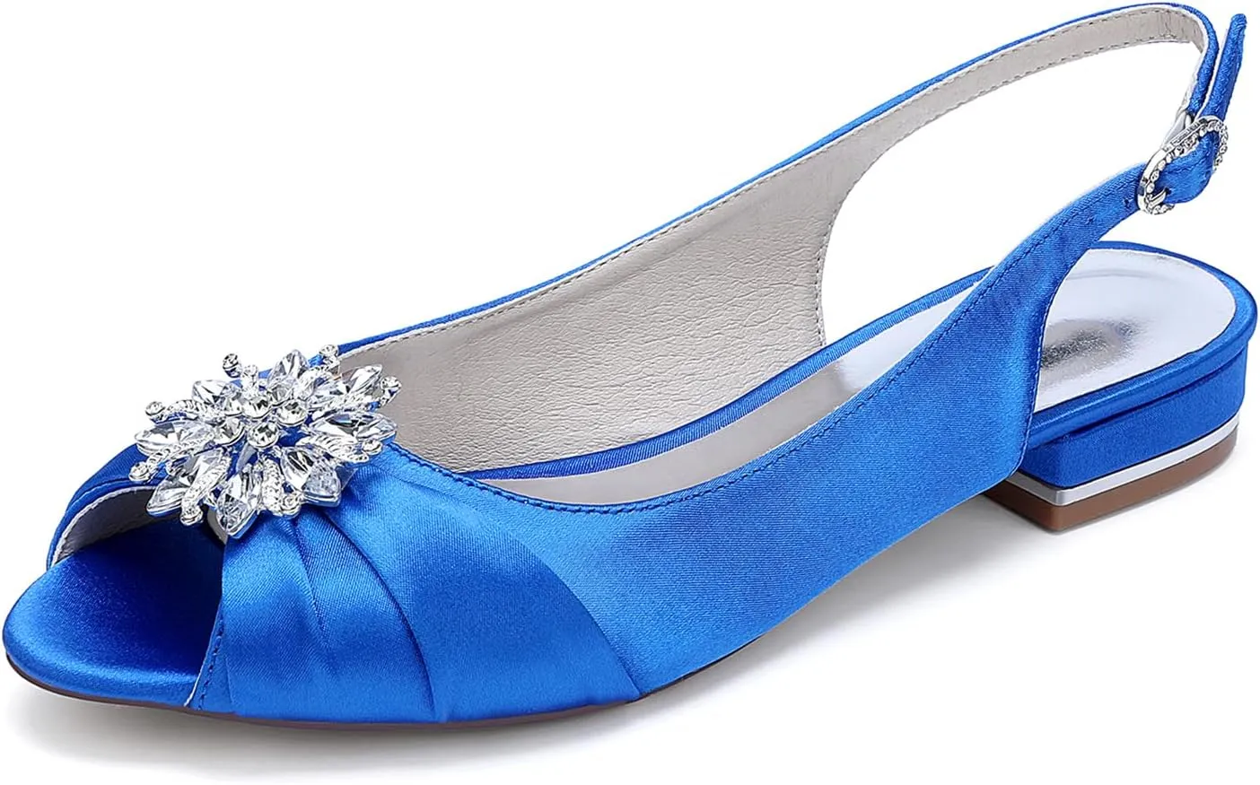 Wedding Dress Shoes Womens Slip on Low Heel Peep Toe Slingback Bridal Shoes Satin Flat Rhinestones Sandals with Pleated Evenging Party Work
