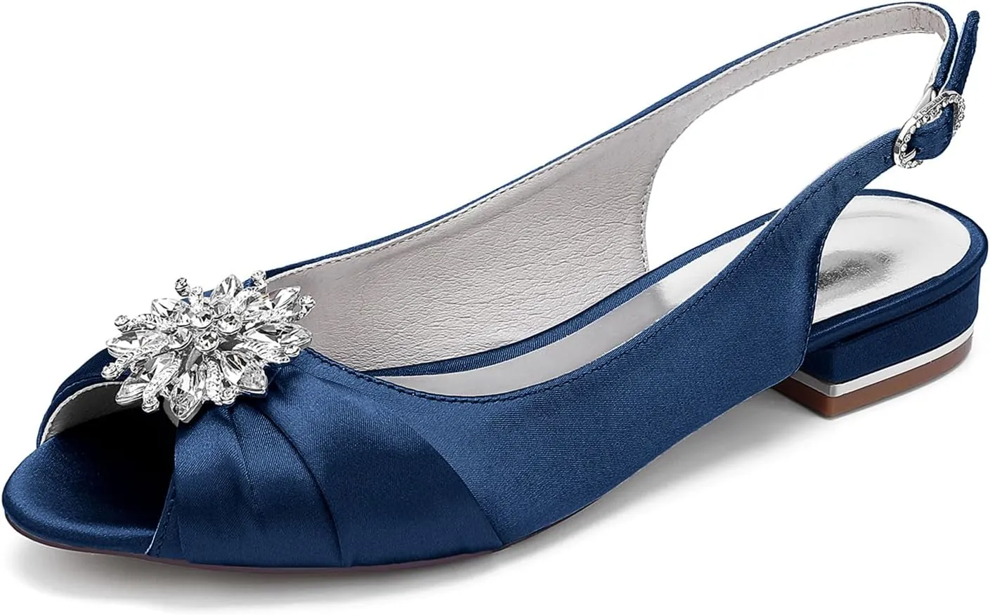Wedding Dress Shoes Womens Slip on Low Heel Peep Toe Slingback Bridal Shoes Satin Flat Rhinestones Sandals with Pleated Evenging Party Work