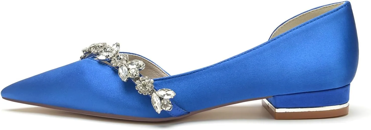 Wedding Shoes Women's Ballet Flats Satin Pointed Toe Slip on Flats Shoes Rhinestones Bride Women Shoes Dressy Comfort Loafers 2.5Cm