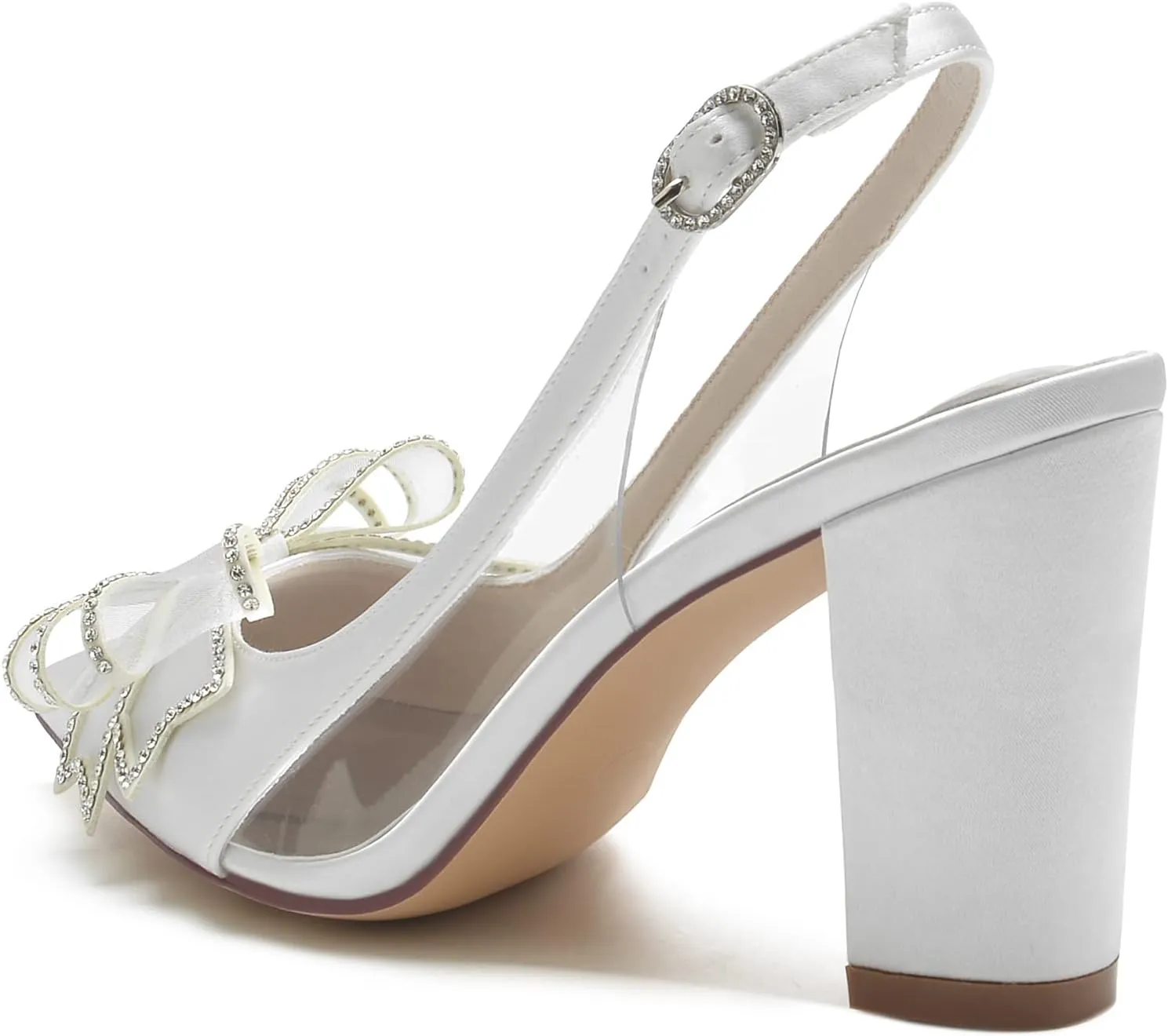 Wedding Shoes Women's Bridal Shoes Pointed Toe Block Heel Satin Ankle Strap Comfortable Wedding Dress Pump 8.5Cm