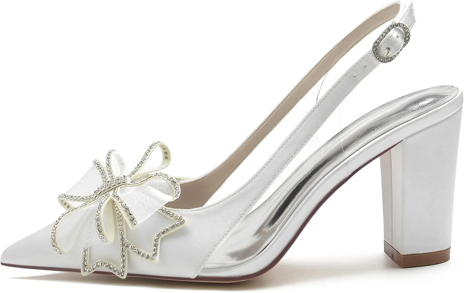 Wedding Shoes Women's Bridal Shoes Pointed Toe Block Heel Satin Ankle Strap Comfortable Wedding Dress Pump 8.5Cm