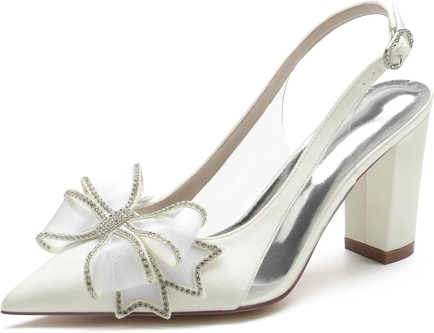 Wedding Shoes Women's Bridal Shoes Pointed Toe Block Heel Satin Ankle Strap Comfortable Wedding Dress Pump 8.5Cm