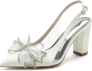Wedding Shoes Women's Bridal Shoes Pointed Toe Block Heel Satin Ankle Strap Comfortable Wedding Dress Pump 8.5Cm