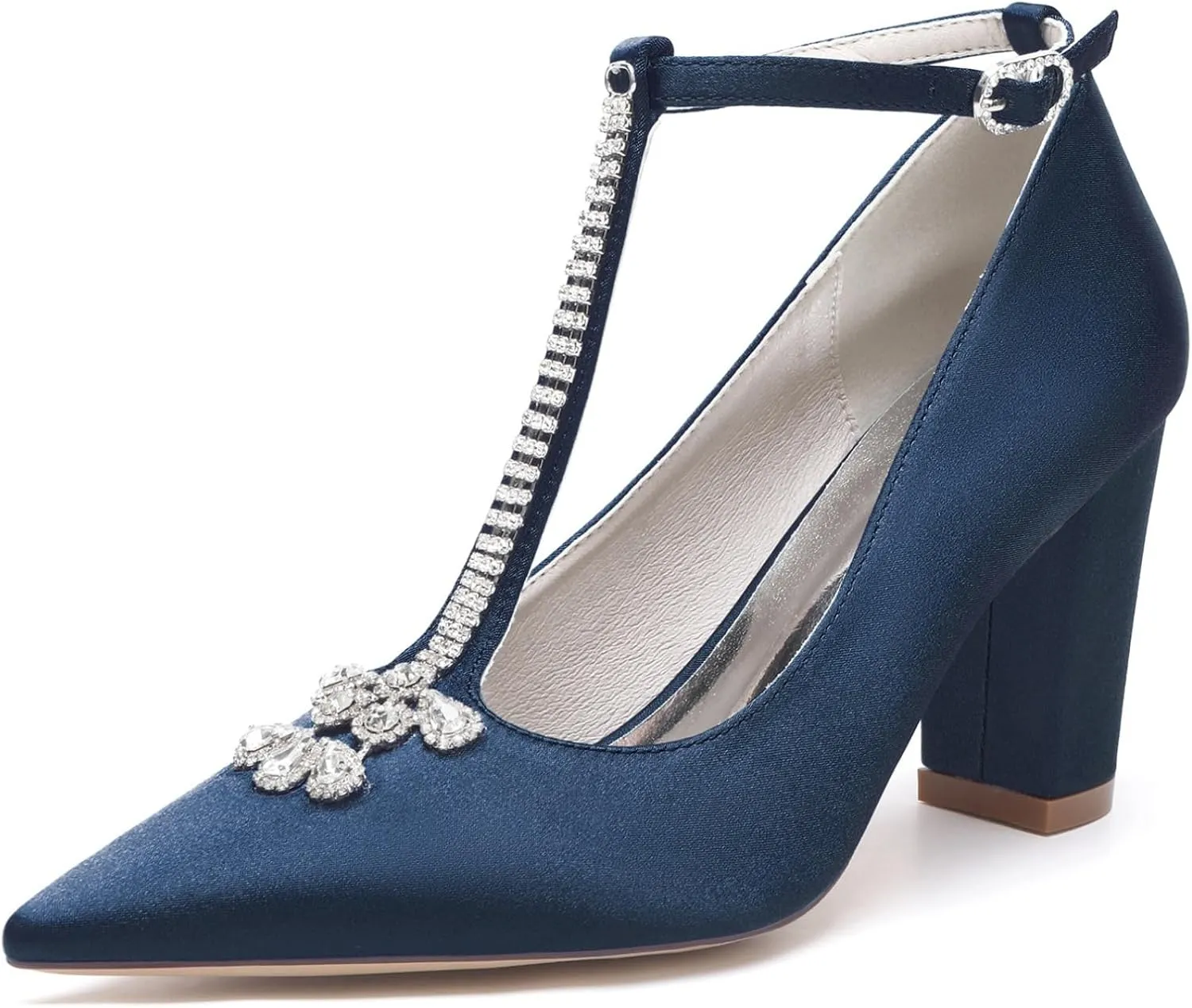Wedding Shoes Women's Fashion Pointed Toe Heel Bridal Heels Women's Satin Block Heels T-Strap Formal Prom Party Dress Shoes 8.5Cm,Dark Blue,11