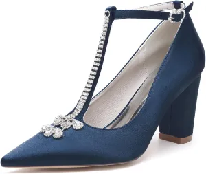 Wedding Shoes Women's Fashion Pointed Toe Heel Bridal Heels Women's Satin Block Heels T-Strap Formal Prom Party Dress Shoes 8.5Cm,Dark Blue,11