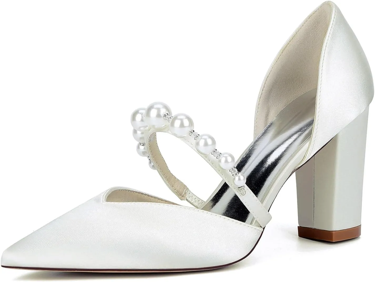 Wedding Shoes Women's Heels,Satin Pumps, Nude Heels for Women,Chunky Heels Bridal Women,Pointed Toe Dress Office Wedding Shoes 8.5Cm