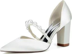 Wedding Shoes Women's Heels,Satin Pumps, Nude Heels for Women,Chunky Heels Bridal Women,Pointed Toe Dress Office Wedding Shoes 8.5Cm